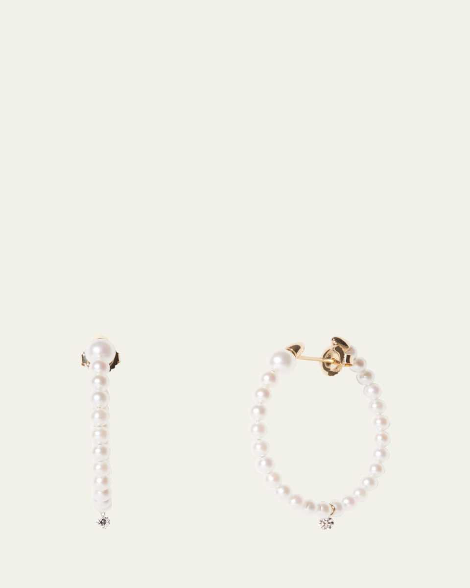 14K Yellow Gold 3mm Akoya Pearl Hoop Earrings with Diamond Drop